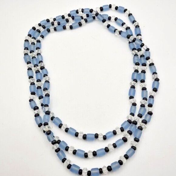 Long 48" Handmade Glass Bead Necklace Frosted Blue Faceted Clear and Black - Picture 1 of 4